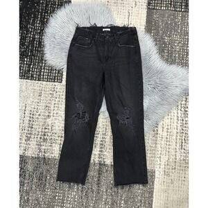 Good American Straight Leg Ankle Jeans Raw Hem Black Distressed High Rise 8 / 29